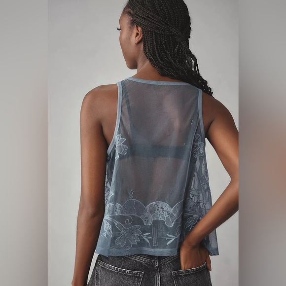 NWT Anthropologie Blue Floral Mesh Tank Medium - Picture 6 of 7